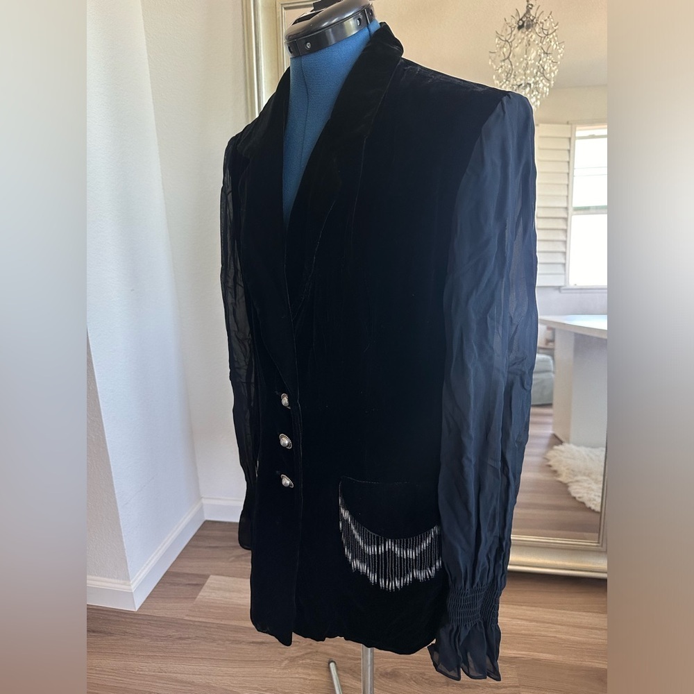 Vtg 80s Dorothy Schoelen Velvet Evening Silk Sheer Sleeves beaded Fringe Blazer - Picture 7 of 15